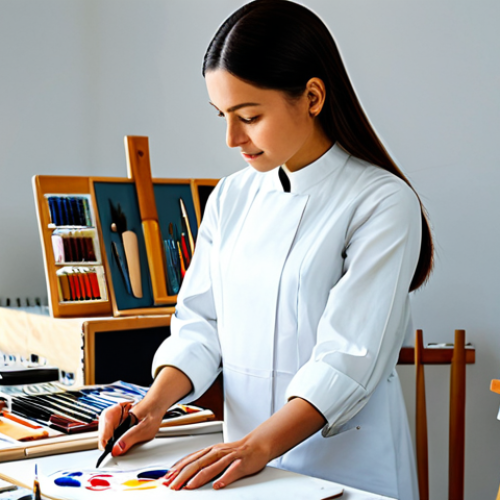Home 7 A professional female artist, fully clothed in a modest, professional smock, meticulously hand-painting intricate details on a unique artistic product from the "Mimi" collection in a sunlit, contemporary art studio. The product features vibrant, harmonious colors and delicate lines, reflecting masterful execution and high quality materials. The studio is clean and well-organized, with various art tools and finished "Mimi" items on display. The focus is on her perfectly formed hands and natural pose as she works. fully clothed, modest clothing, appropriate attire, professional dress, safe for work, appropriate content, professional, perfect anatomy, correct proportions, natural pose, well-formed hands, proper finger count, natural body proportions, high quality, studio lighting.