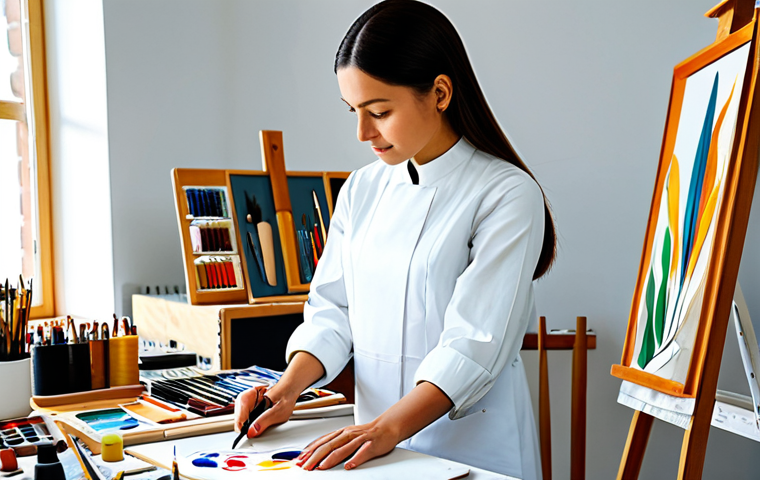 A professional female artist, fully clothed in a modest, professional smock, meticulously hand-painting intricate details on a unique artistic product from the "Mimi" collection in a sunlit, contemporary art studio. The product features vibrant, harmonious colors and delicate lines, reflecting masterful execution and high quality materials. The studio is clean and well-organized, with various art tools and finished "Mimi" items on display. The focus is on her perfectly formed hands and natural pose as she works. fully clothed, modest clothing, appropriate attire, professional dress, safe for work, appropriate content, professional, perfect anatomy, correct proportions, natural pose, well-formed hands, proper finger count, natural body proportions, high quality, studio lighting.