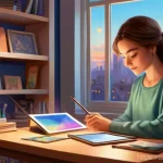 미미와 팬아트 커뮤니티 - A vibrant digital painting of "Mimi," a beloved fan art character, depicted in a cozy, well-lit art ...