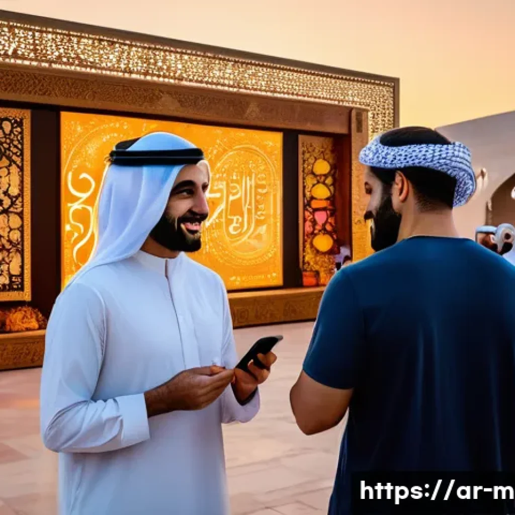 미미 관련 이벤트 사례 - A vibrant interactive event scene set in a modern Middle Eastern city plaza during a cultural festiv...
