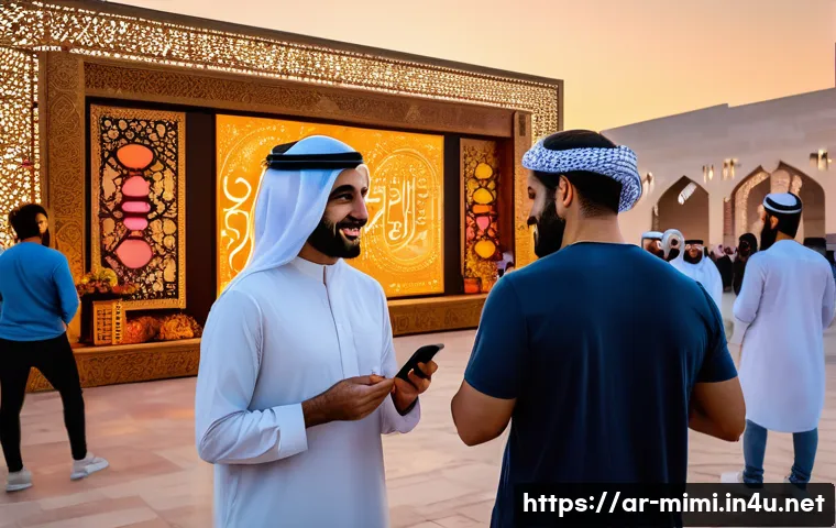 미미 관련 이벤트 사례 - A vibrant interactive event scene set in a modern Middle Eastern city plaza during a cultural festiv...