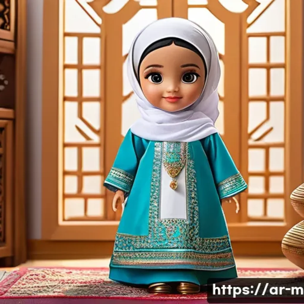 미미와 캐릭터 상품화 기술 - A highly detailed interactive doll inspired by an Arabic cartoon character, wearing modest tradition...