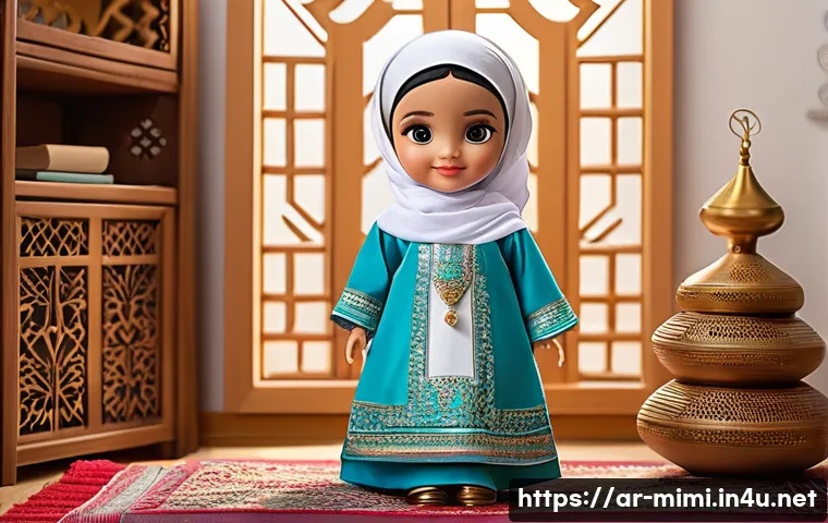 미미와 캐릭터 상품화 기술 - A highly detailed interactive doll inspired by an Arabic cartoon character, wearing modest tradition...