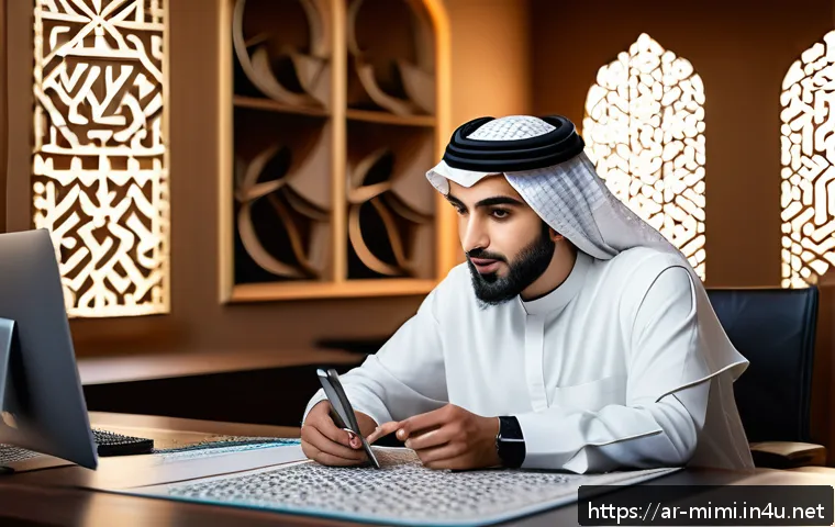 미미 상품화 과정 - A vibrant and modern digital workspace scene featuring a young Arab entrepreneur analyzing social me...