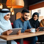 미미와 영화화 가능성 분석 - A vibrant digital art scene depicting a diverse group of young Arab adults engaging with memes on mu...