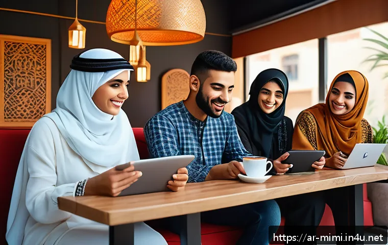 미미와 영화화 가능성 분석 - A vibrant digital art scene depicting a diverse group of young Arab adults engaging with memes on mu...
