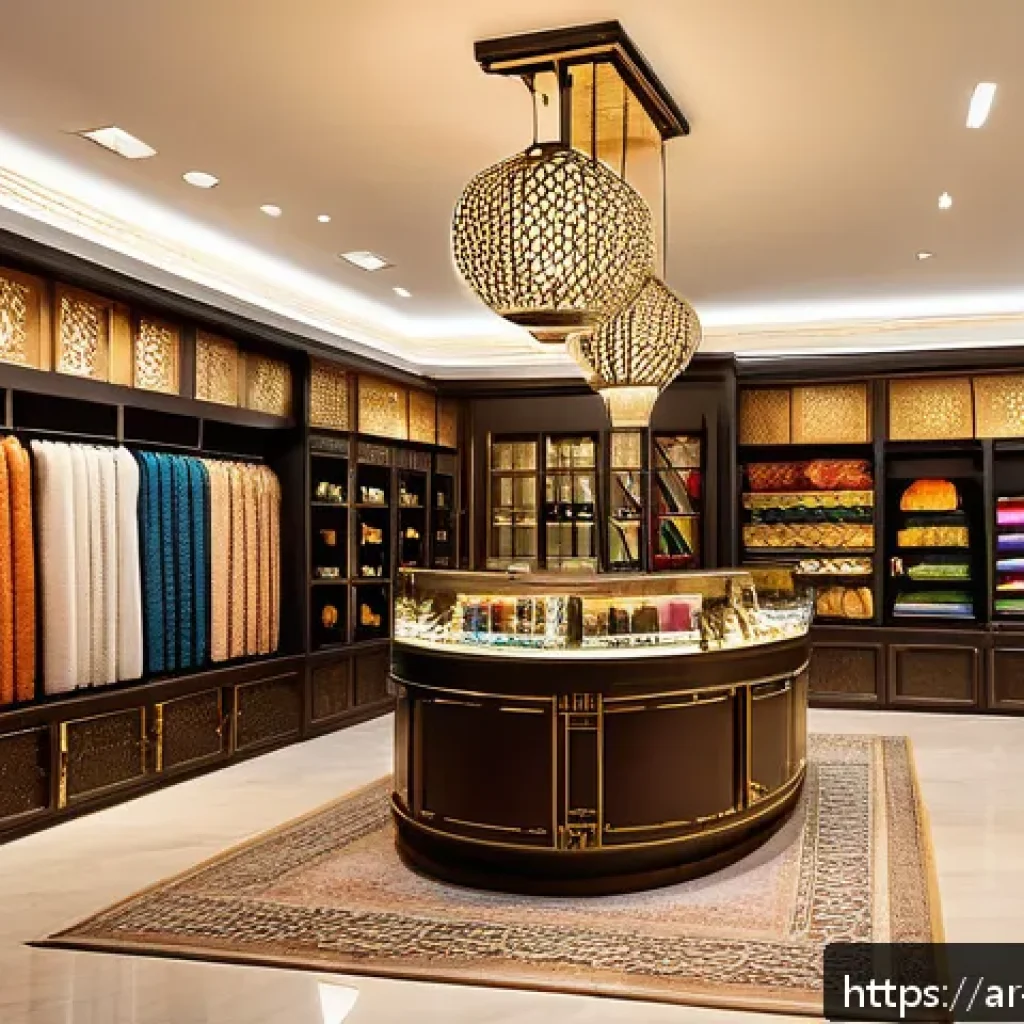 미미의 브랜드 충성도 전략 - A sophisticated Arabic boutique store interior showcasing personalized customer service with a warm,...
