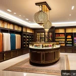 미미의 브랜드 충성도 전략 - A sophisticated Arabic boutique store interior showcasing personalized customer service with a warm,...