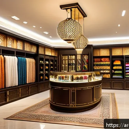 미미의 브랜드 충성도 전략 - A sophisticated Arabic boutique store interior showcasing personalized customer service with a warm,...
