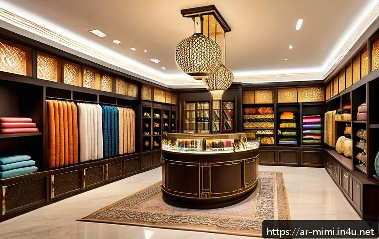 미미의 브랜드 충성도 전략 - A sophisticated Arabic boutique store interior showcasing personalized customer service with a warm,...