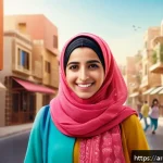 미미 캐릭터의 광고 캠페인 분석 - A warm and engaging digital advertisement scene featuring a relatable Arab female cartoon character ...
