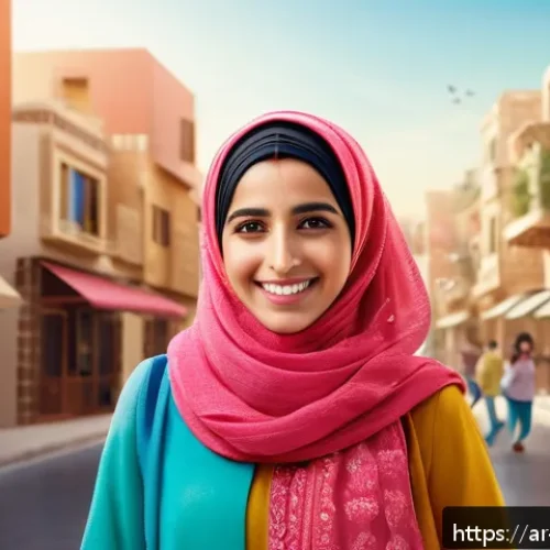 미미 캐릭터의 광고 캠페인 분석 - A warm and engaging digital advertisement scene featuring a relatable Arab female cartoon character ...