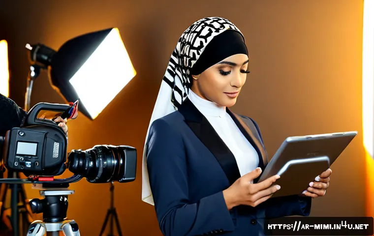 미미의 엔터테인먼트 산업 내 역할 - Photorealistic Arab female entertainment producer named Mimi coordinating a film set in a modern Dub...