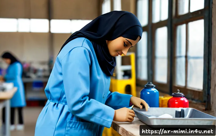 Home 17 미미 인형의 제조 공정 - Photorealistic doll manufacturing workshop, a modestly dressed Arab female quality inspector in a cl...